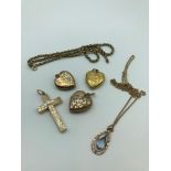 A Lot of gilt metal jewellery which includes; Victorian ornate cross pendant, Three heart shaped