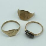 A Lot of 9ct gold, to include; gents signet ring [size Q] Ladies ring (missing stone] and scrap gold