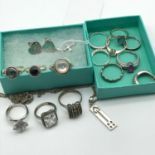 A Collection of 14 silver 925 and gem stone rings, Silver chain with pendant, silver cross pendant