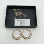 A Pair of 9ct gold Celtic design hoop earrings. Along with a 9ct gold scrap gold chain. Total weight