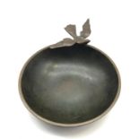 A Heavy Antique bronze pin dish with bird sculpture to the rim, Showing very nice patina. Marked '