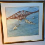 Original watercolour of two military helicopters passing the Forth Rail Bridge. Signed by the