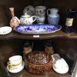 Two shelves of collectable porcelain to include treacle glazed game meat tureen. Two Wood & Sons