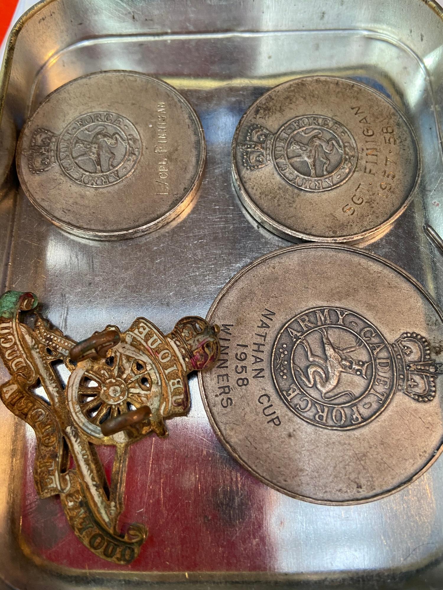 Artillery cap badge and three Vintage Army Cadet Force football medals presented to SGT. J FINNIGAN. - Image 2 of 2