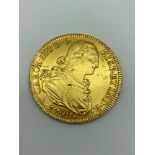 1799 Carol IIII 8 Escudos Gold coin. [Mint mark M] Diameter of coin 3.7cm. [Weighs 26.73 grams]