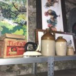 A Vintage Tille Paraffin pressure iron, Stone ware Domestos flagon, Joseph Baird Grocer & wine