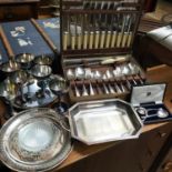 A Lot of silver plated and E.P Wares to include E.P Canteen on cutlery, Art Deco two handle