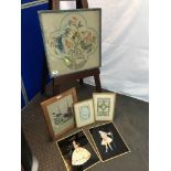 A Lot of vintage needlework tapestries, arts and crafts pieces to include foil work lady and
