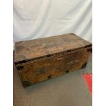 Antique Rustic leather bound pine trunk. Detailed with stud trims and initials to the top. [