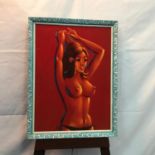 A Vintage 1960's 70's spray painting of a nude woman. Painting is done on orange/red material. Frame