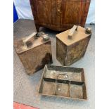 Two vintage Shell & BP Petrol cans together with metal work tray