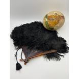 A Vintage Ostrich feather and turtle shell designed fan [as found] together with a ostrich egg.