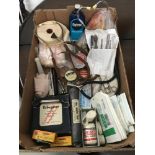 A Box containing vintage medical equipment to include Milliard Glasgow Stethoscope, Mercury filled