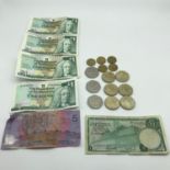 A Collection of old bank notes and coins to include The Royal Bank of Scotland £1 note dated 1969,