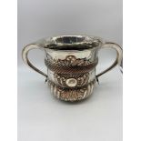 A Large 18th/ 19th century two handled porringer, Silver Plate on copper. [18x30x20cm]