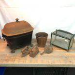 A Lot of cast iron and interior items to include Glass and metal vivarium, Copper arts and crafts