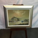 Original oil on board depicting docks at dawn. Signed Thelma Renwick. Fitted within a silver