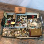 A Box containing a quantity of costume jewellery and mixed world coins. To include Seiko gents watch