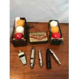 A Lot of two boxed billiard balls, E.J.RILEY LTD Vesta tin and various whistles to include The