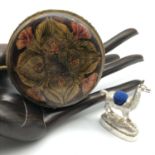 A Possible silver lama figure pin cushion together with An Art Nouveau Mauchline ware style pin