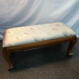 A Vintage Oriental Cherry wood foot stool designed with silk material top, Excellent condition. [