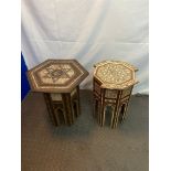Two Antique Indian side tables inlaid with mother of pearl and bone. Both need attention.