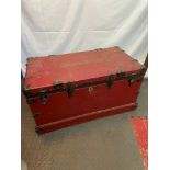 A 19th century solid pine painted trunk. Detailed with metal bounds and locks. Studded to the top '