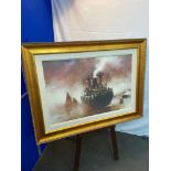 A Limited edition canvas print depicting shipping ship in the mist. Fitted with a gilt frame. Signed
