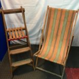 A Vintage wooden step ladder together with a vintage wood and material deck chair.