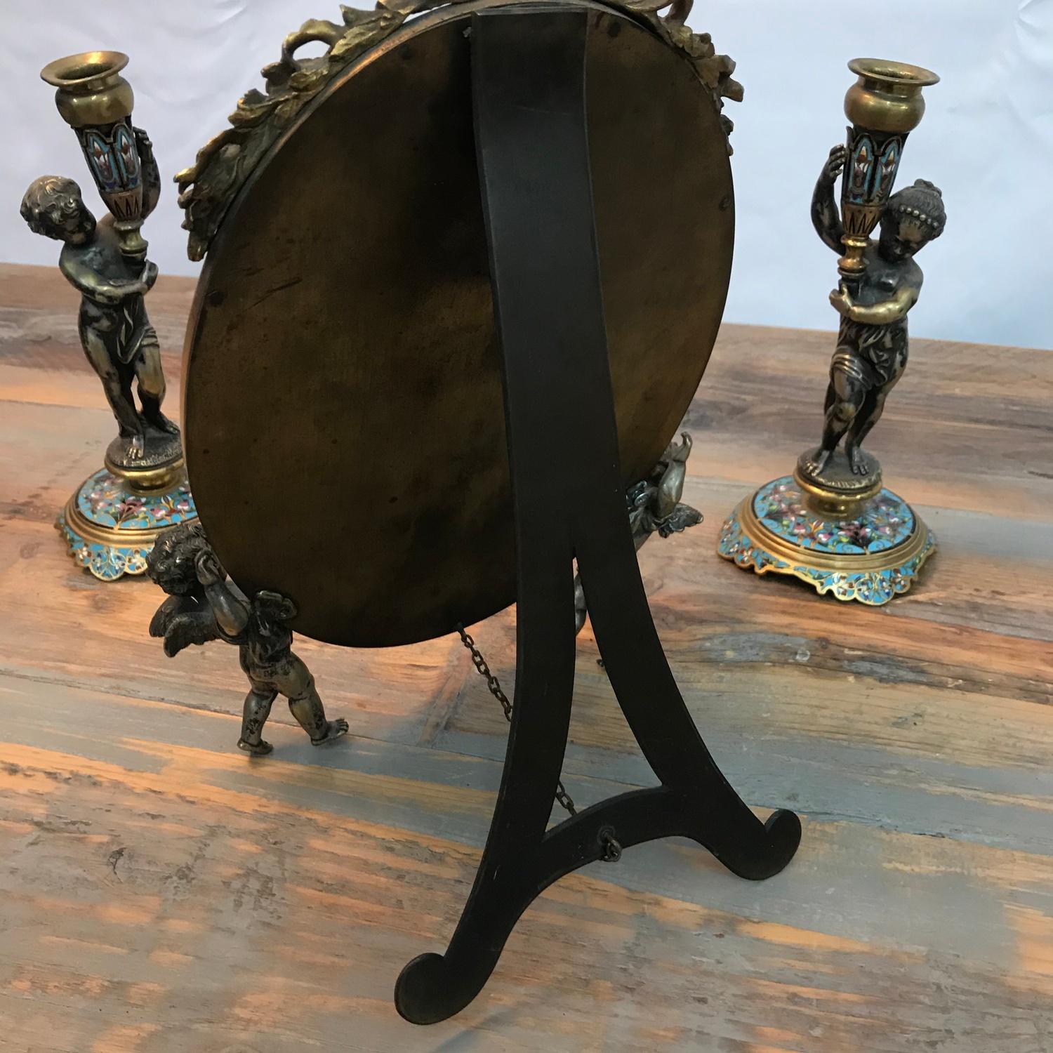 A Victorian French gilt bronze and enamel cloisonne dressing table mirror with matching candle - Image 7 of 8