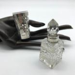 A Vintage shot glass overlaid with Sterling silver together with Birmingham silver perfume bottle