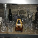 A Lot of mixed crystal and art glass to include two art glass hand bag vases, crystal etched vases