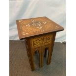 Antique middle eastern side table detailed with mother of pearl inlay. [46x28.5x28.5cm]