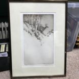 Antique limited edition etching print of a deer coming out of a woodland area. Signed Dale C Bradley