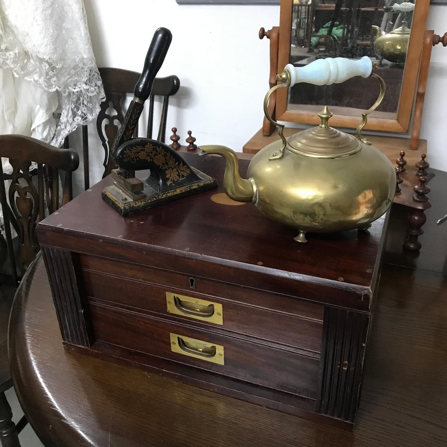 A Victorian mahogany canteen chest, Brass kettle and Heavy ornate postal stamp/ press.