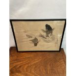 A 19th century Japanese wood block print of two Koi carp, Signed to the side. [34.5x47cm]