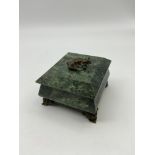 Antique green marble/ Malachite lidded trinket box. Designed on Four bronzed feet. Also detailed
