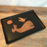 A Mid century unique couroc products tray detailing an inlaid whale, bird and sun.