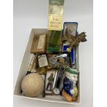 A Box of collectable odds which includes Medal box [certificate and ribbon only] Coronation lighter,