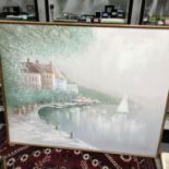 A Large oil painting on canvas depicting boats on a lake. Signed Lee Reynolds. Frame measures