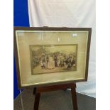 Antique coloured print depicting a married couple and wedding party walking by onlookers. Fitted