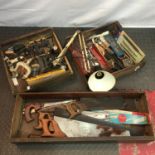 A Collection of vintage tools to include clamps, saws, socket set and cutters etc.