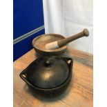Antique wooden pestle and marble and wooden handle mortar together with a very old clay/