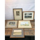 A Lot of 5 various artworks to include Antique Etching titled 'Maiden Meditation' by Norval Sharp