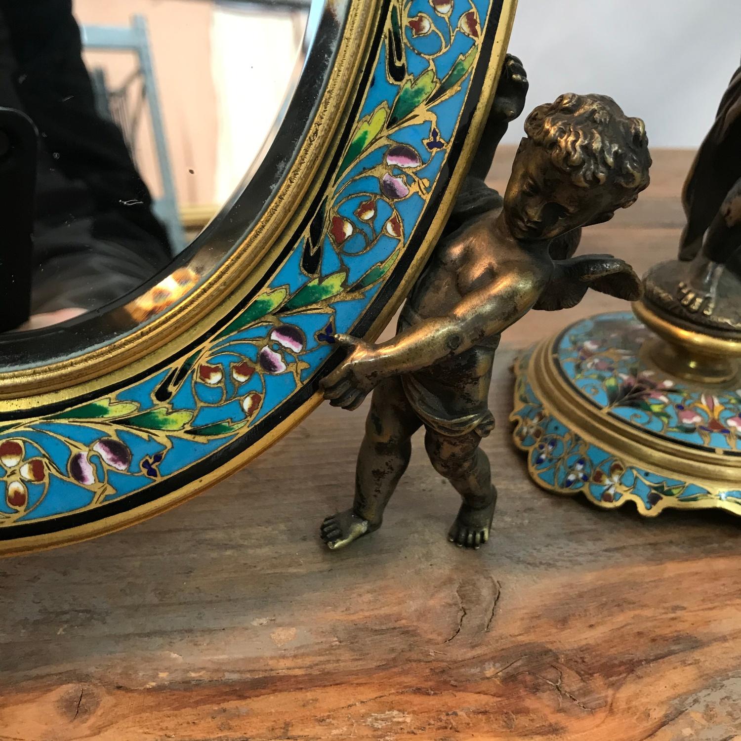 A Victorian French gilt bronze and enamel cloisonne dressing table mirror with matching candle - Image 4 of 8