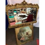 Antique Peerart Cast metal gilt framed, bevel edge mirror [67x89cm] Together with an Antique print