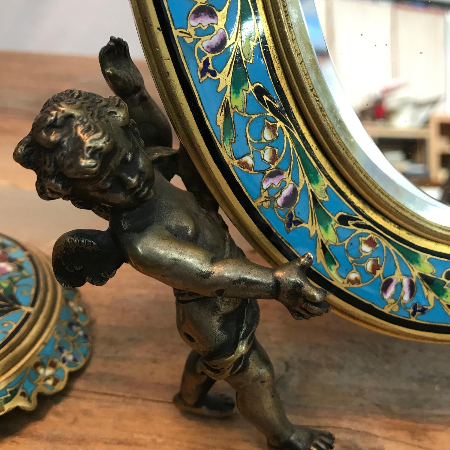 A Victorian French gilt bronze and enamel cloisonne dressing table mirror with matching candle - Image 3 of 8