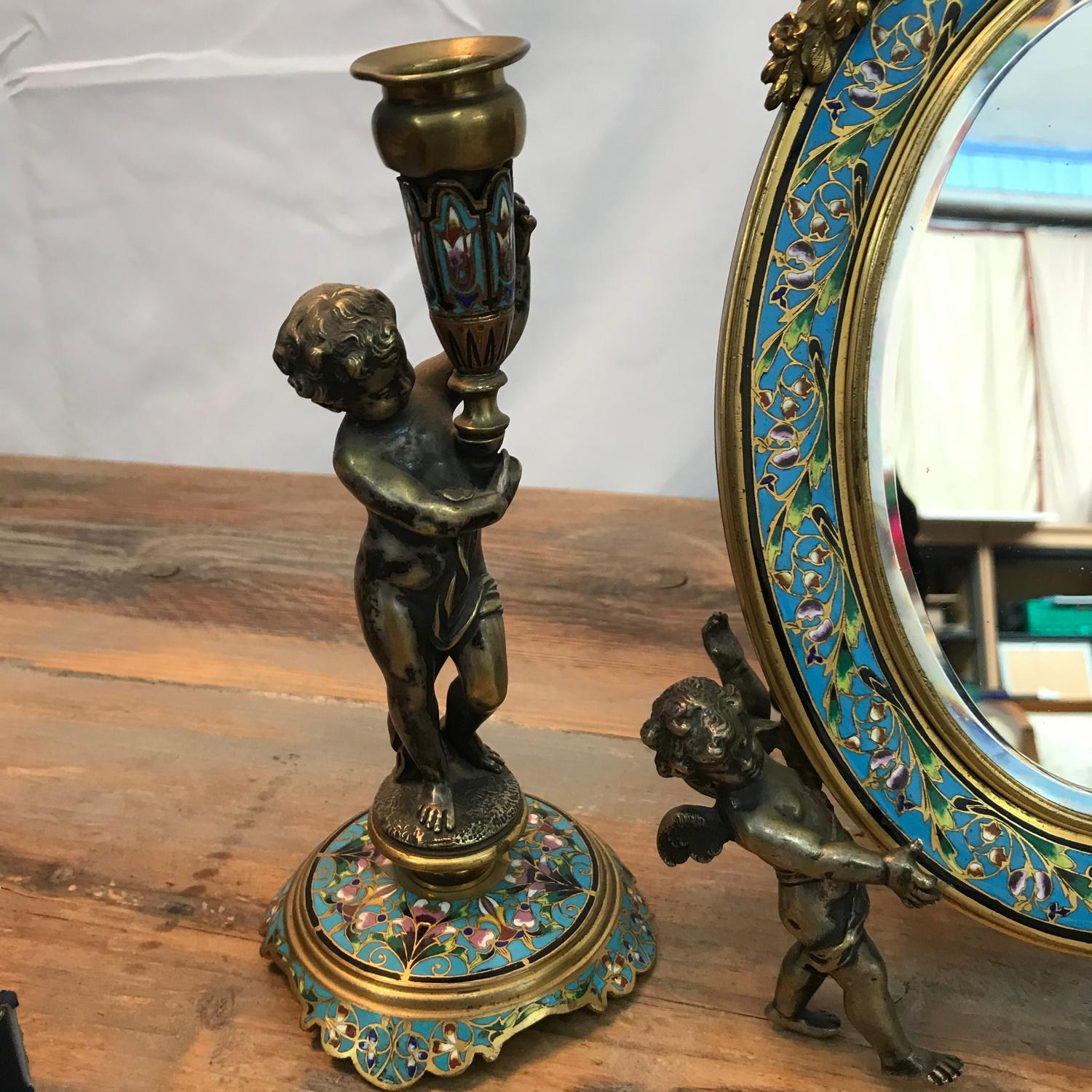A Victorian French gilt bronze and enamel cloisonne dressing table mirror with matching candle - Image 2 of 8