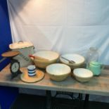 A Collection of vintage kitchen utensils to include Baking bowls, Enamel bread bin, Household