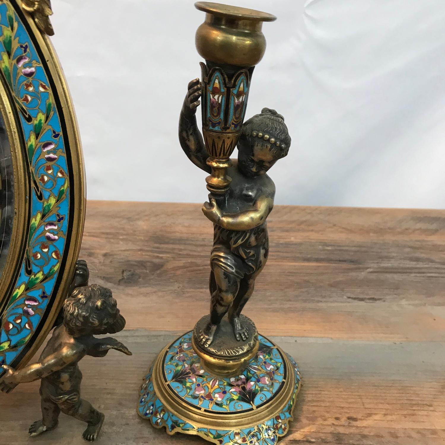 A Victorian French gilt bronze and enamel cloisonne dressing table mirror with matching candle - Image 5 of 8